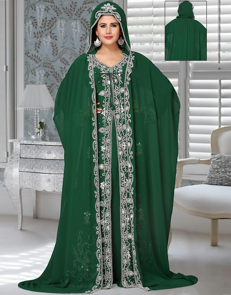 Trendy Green Georgette Hand Silver Embroidery Front Open Kaftan