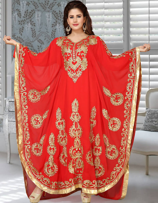 Women Red Georgette Golden Embroidered Farasha