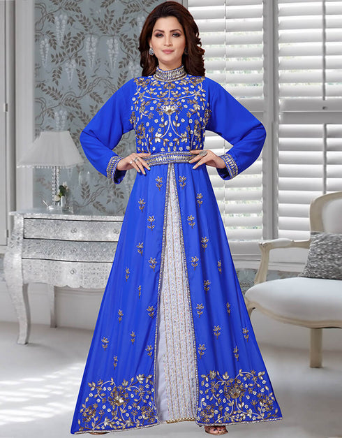 Latest Royal Blue Georgette Hand Zari Embroidery Moroccan Kaftan