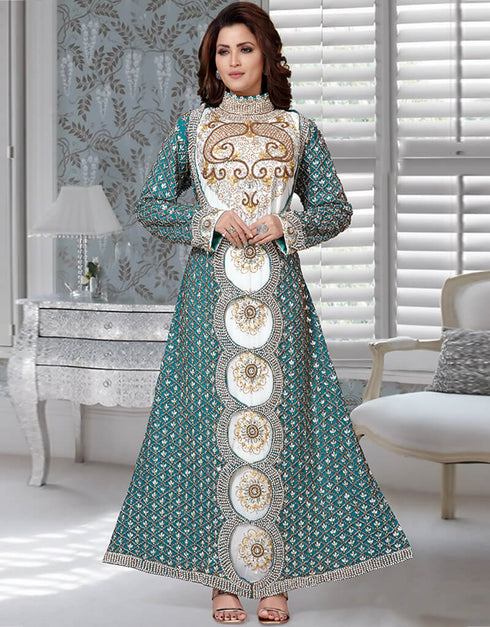 Modern Boat Neck Sea Green Heavy Embroidered Kaftan