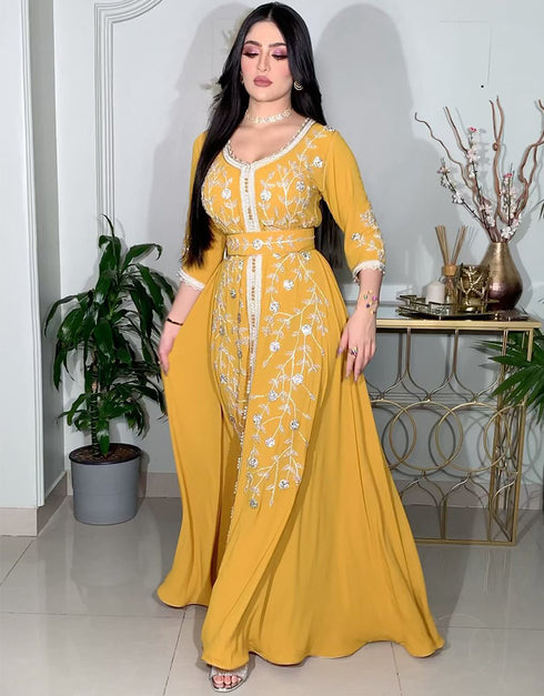 Bohemian Evening Dresses V-Neck Three Quarter A-LINE Ankle-Length Chiffon New of Embroidery Islamic Women Dress