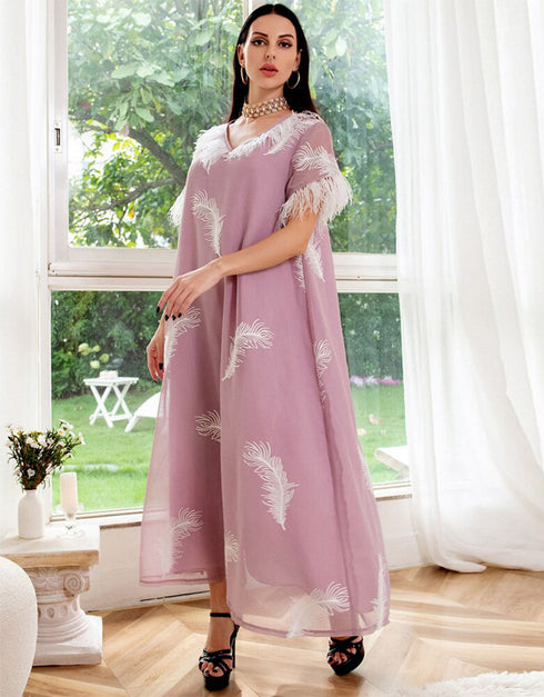 Ramadan Eid Feather Kaftan Imitation Linen Jalabiya Women Arabian Evening Party Gown