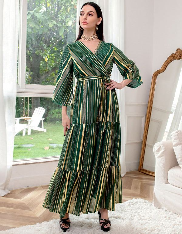 Gold Stamping Striped Chiffon Long Evening Party Gown Dress