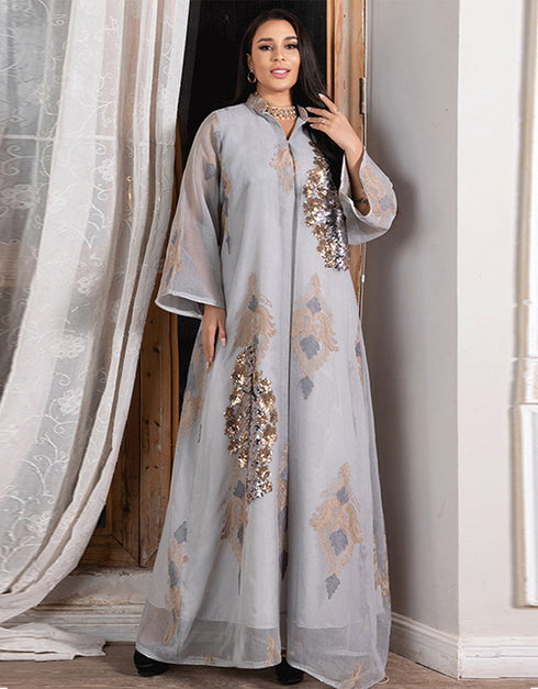 Sequins Dubai Abaya Women Jalabiya Evening Party Dress Imitation Linen Gold Embroidery