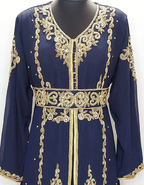 Modest V neck Moroccan Style embroidered kaftan Black