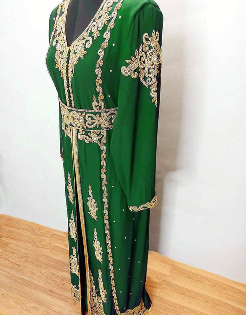 Modest V neck Moroccan Style embroidered kaftan Black