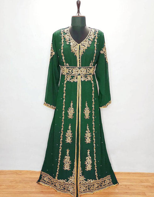 Modest V neck Moroccan Style embroidered kaftan Black