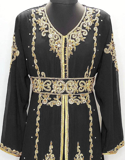 Modest V neck Moroccan Style embroidered kaftan Black