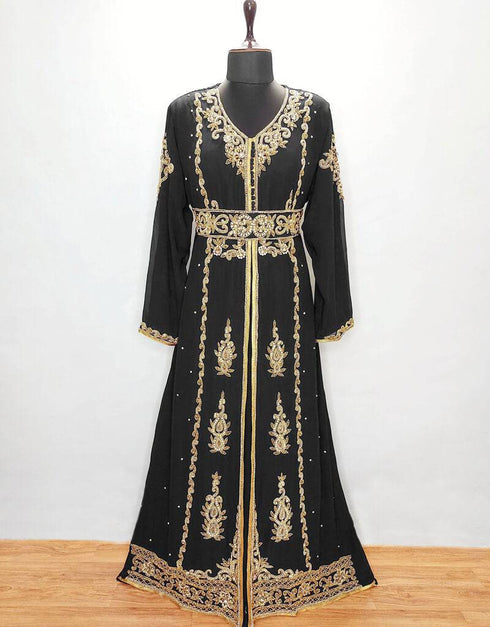 Modest V neck Moroccan Style embroidered kaftan Black