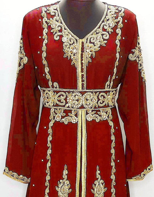 Modest V neck Moroccan Style embroidered kaftan Black