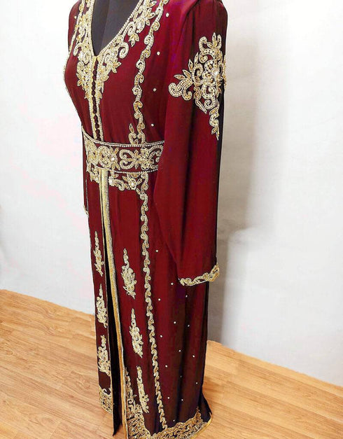 Modest V neck Moroccan Style embroidered kaftan Black