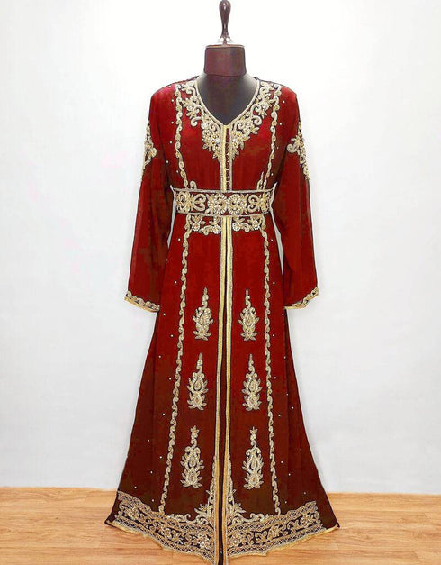 Modest V neck Moroccan Style embroidered kaftan Black