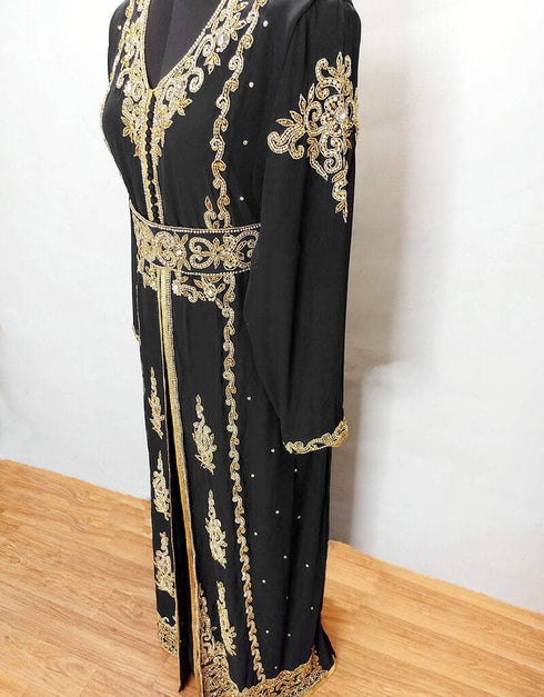 Modest V neck Moroccan Style embroidered kaftan Black