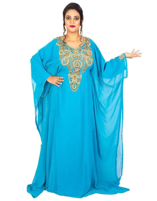 Muslim V neck Jacket Style embroidered kaftan Sky Blue