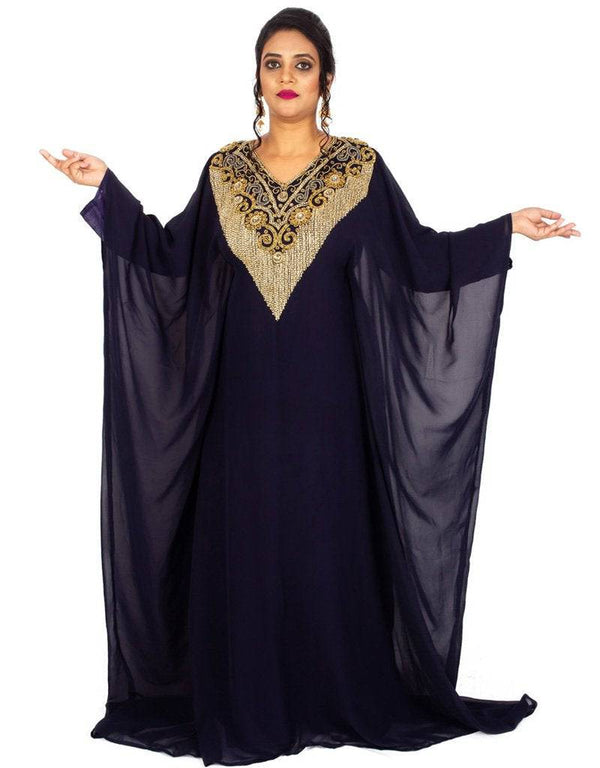 Trendy V neck Jacket Style embroidered kaftan Navy Blue