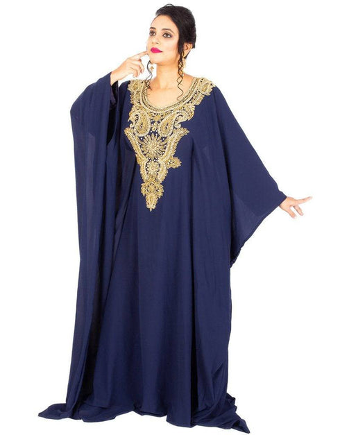 Dubai V neck Jacket Style embroidered kaftan Navy Blue