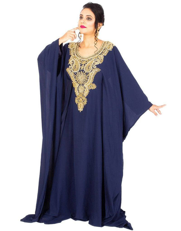 Dubai V neck Jacket Style embroidered kaftan Navy Blue