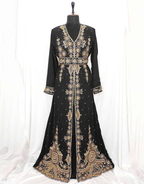 Chic V neck Jacket Style embroidered kaftan Black