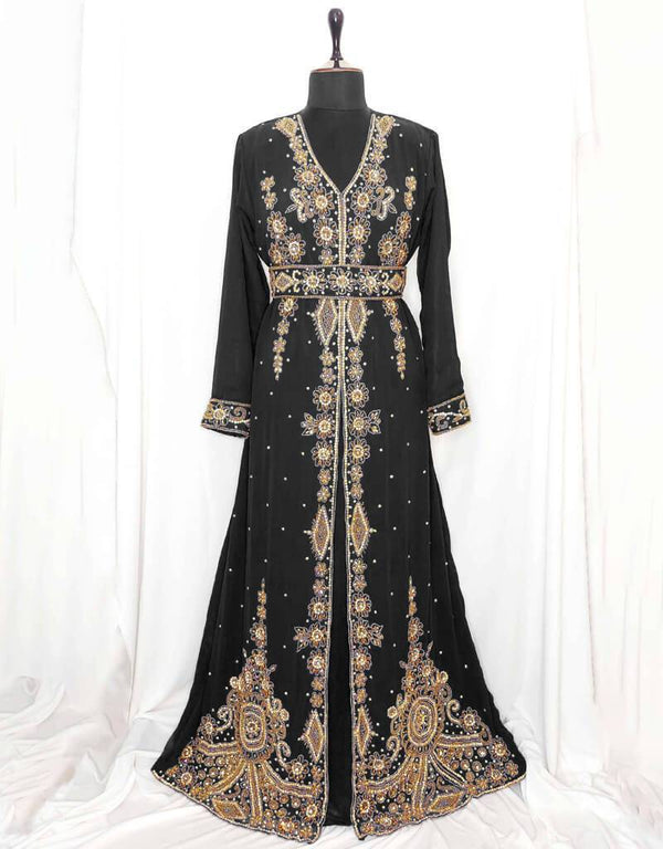 Chic V neck Jacket Style embroidered kaftan Black