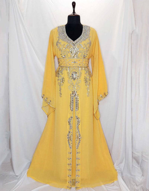 Modern V neck Jacket Style embroidered kaftan Yellow