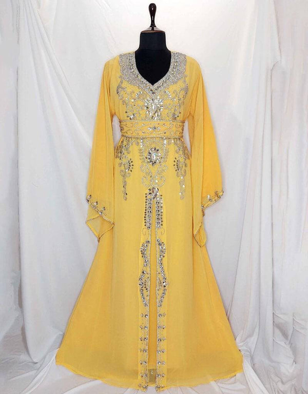 Modern V neck Jacket Style embroidered kaftan Yellow