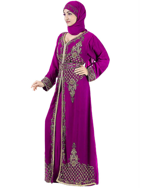 Muslimah Purple Georgette Hand Zari Embroidery Kaftan