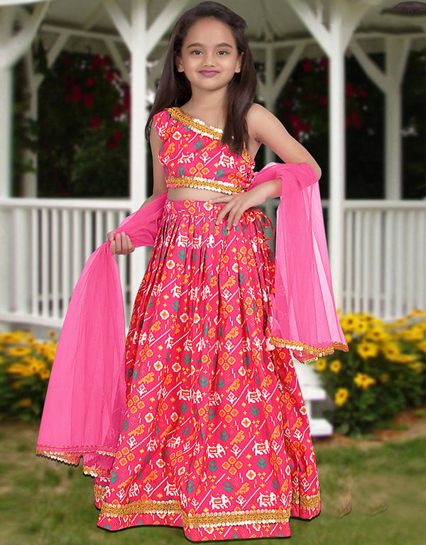 all season designer digital print work silk pink kids lehenga choli silk heavy soft net pink uf-yaana102 Front View