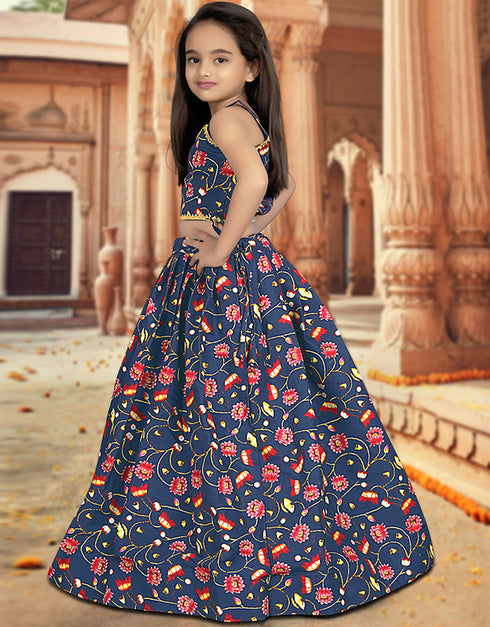all season designer digital print work silk blue kids lehenga choli silk heavy soft net blue uf-yaana103 Back View