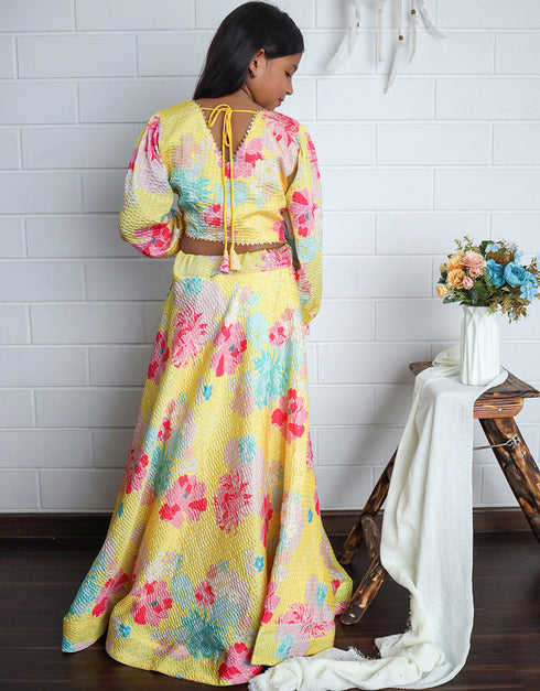 all season designer chinon sequins crochet digital print work yellow kids lehenga choli chinon sequins crochet na yellow uf-yaana201 Back View