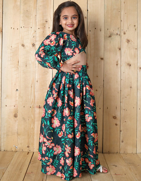 all season designer chinon sequins crochet digital print work green kids lehenga choli chinon sequins crochet na green uf-yaana202 Close-up View