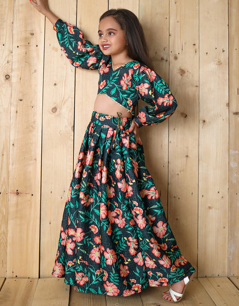 all season designer chinon sequins crochet digital print work green kids lehenga choli chinon sequins crochet na green uf-yaana202 Back View