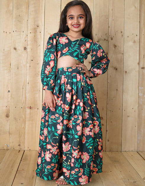 all season designer chinon sequins crochet digital print work green kids lehenga choli chinon sequins crochet na green uf-yaana202 Front View