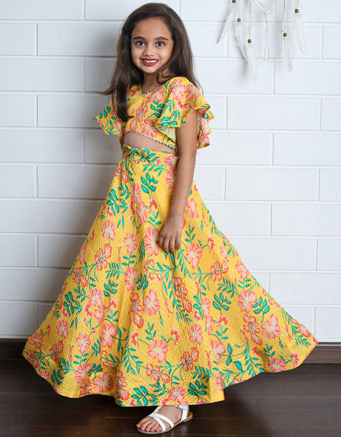 all season designer chinon sequins crochet digital print work yellow kids lehenga choli chinon sequins crochet na yellow uf-yaana203 Close-up View