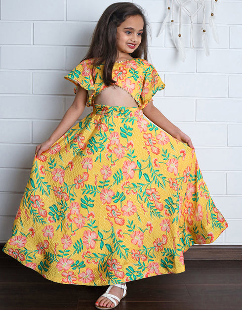 all season designer chinon sequins crochet digital print work yellow kids lehenga choli chinon sequins crochet na yellow uf-yaana203 Side View