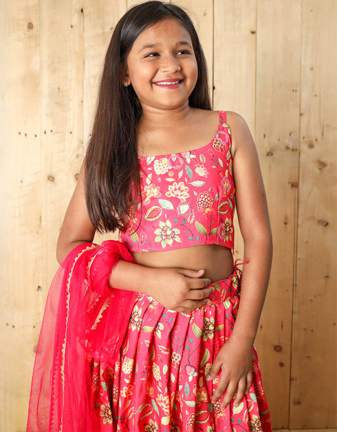 all season designer silk digital print with blouse heavy sequance work pink kids lehenga choli silk heavy soft net pink uf-yaana204 Side View