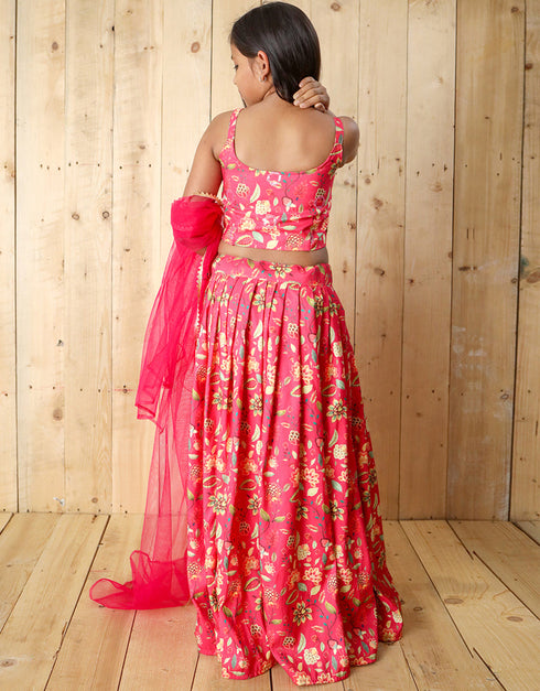 all season designer silk digital print with blouse heavy sequance work pink kids lehenga choli silk heavy soft net pink uf-yaana204 Back View