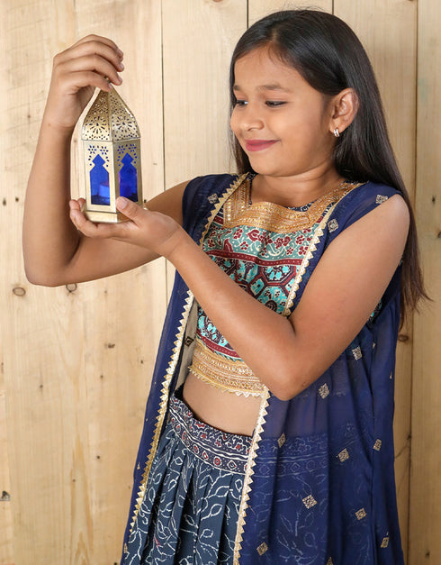 all season designer silk digital print work shrug sequance work blue kids lehenga choli silk na blue uf-yaana205 Side View