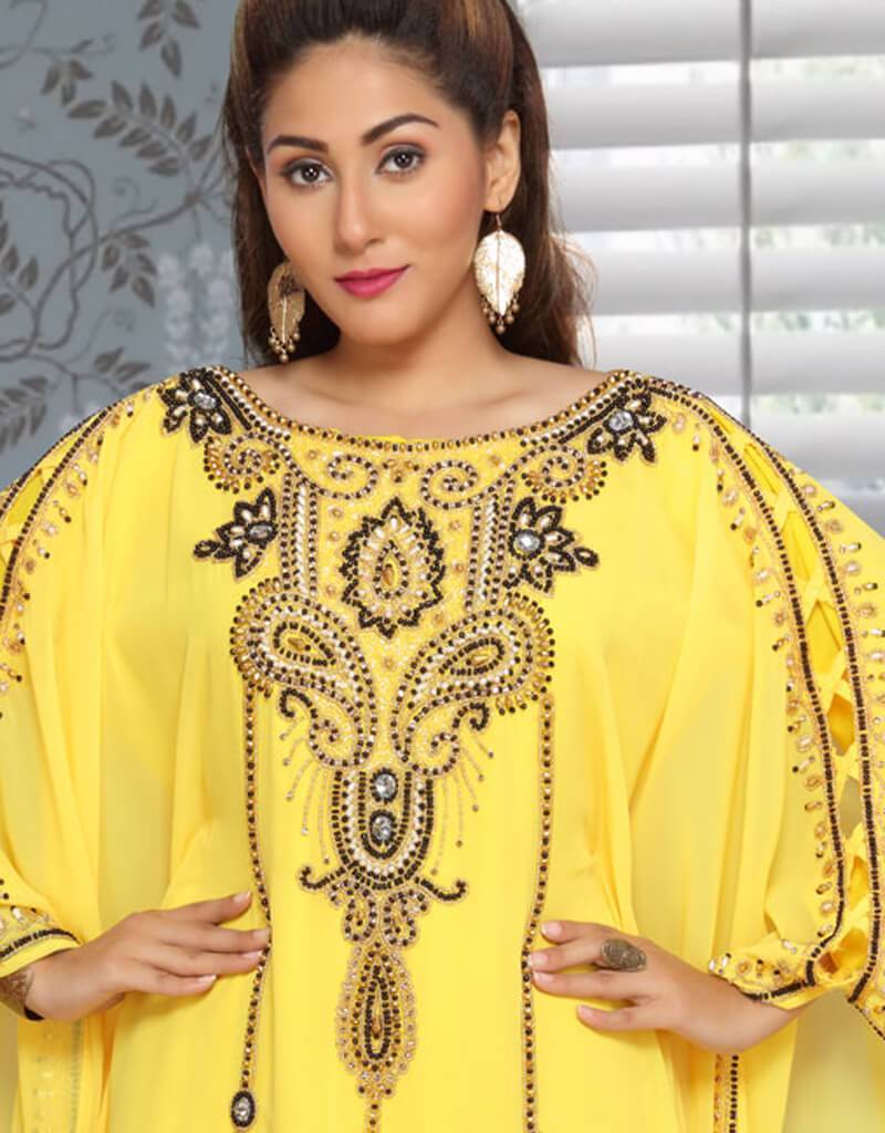 Black A Line Floral Dubai Style Kaftan with Block Print