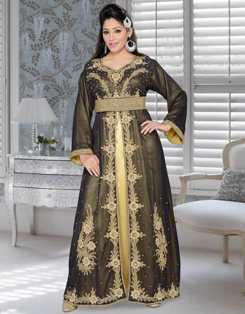Dubai Style Party Wear Front Slit Kaftan With Silver Work