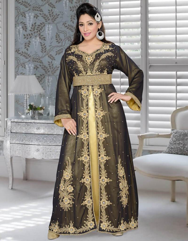Dubai Style Party Wear Front Slit Kaftan With Silver Work