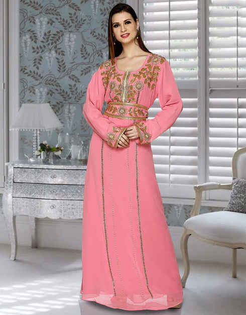 Embroidered Moroccan Kaftan Flamingo