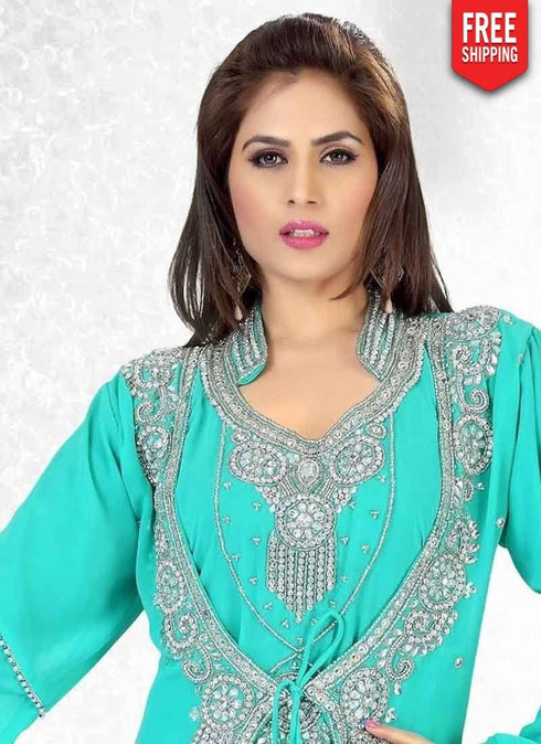 Luscious Crystal Embellished Bell Sleeves Jacket Style Kaftan Sea