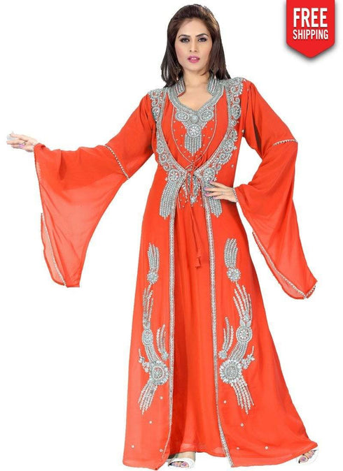 Luscious Crystal Embellished Bell Sleeves Jacket Style Kaftan Sea