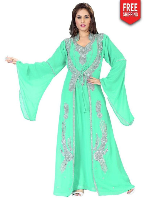 Luscious Crystal Embellished Bell Sleeves Jacket Style Kaftan Sea