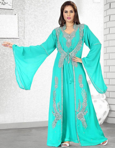 Luscious Crystal Embellished Bell Sleeves Jacket Style Kaftan Sea