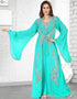 Luscious Crystal Embellished Bell Sleeves Jacket Style Kaftan Sea