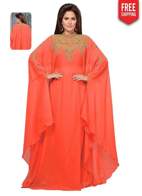 Necklace Pattern With Flared Full Sleeve Farasha Style Kaftan
