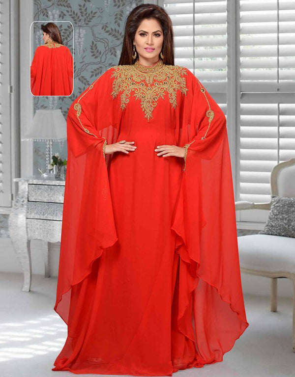 Necklace Pattern With Flared Full Sleeve Farasha Style Kaftan