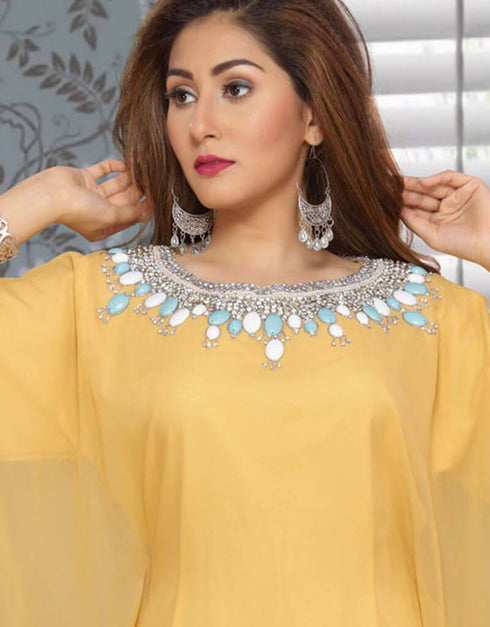 Short Sleeve Farasha Kaftan With Stone Work In neckline