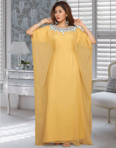 Short Sleeve Farasha Kaftan With Stone Work In neckline